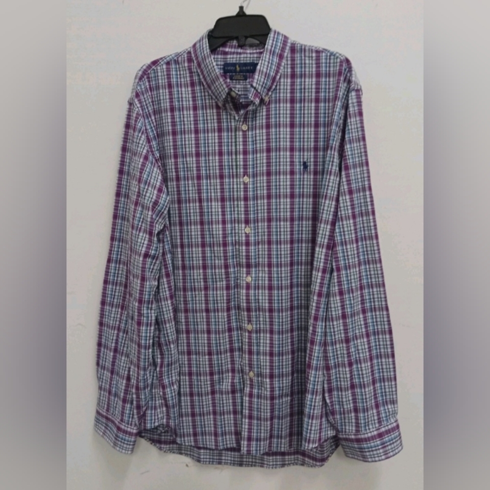 Ralph Lauren Men's Blue and Purple Plaid Shirt